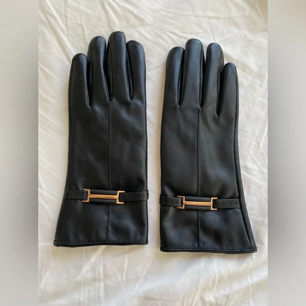 Ladies Black Leather Suede Winter Gloves